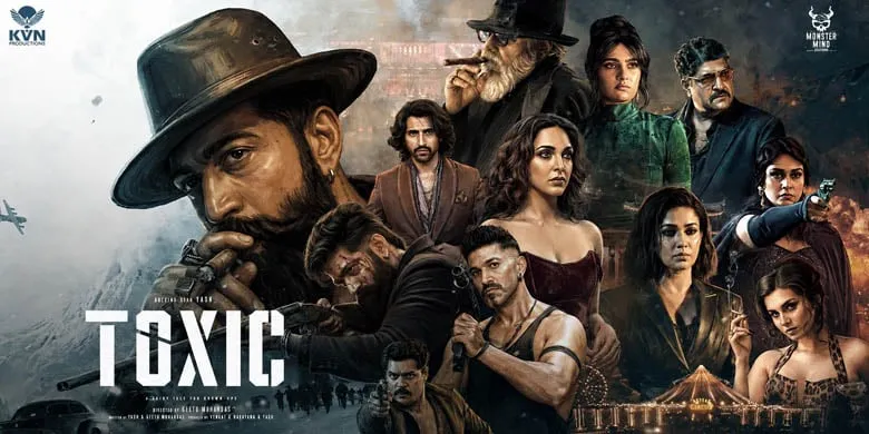 The Toxic ensemble poster, with Yash's Raya in front of Nayanthara, Kiara Advani, Huma Qureshi, Rukmini Vasanth and Tara Sutaria