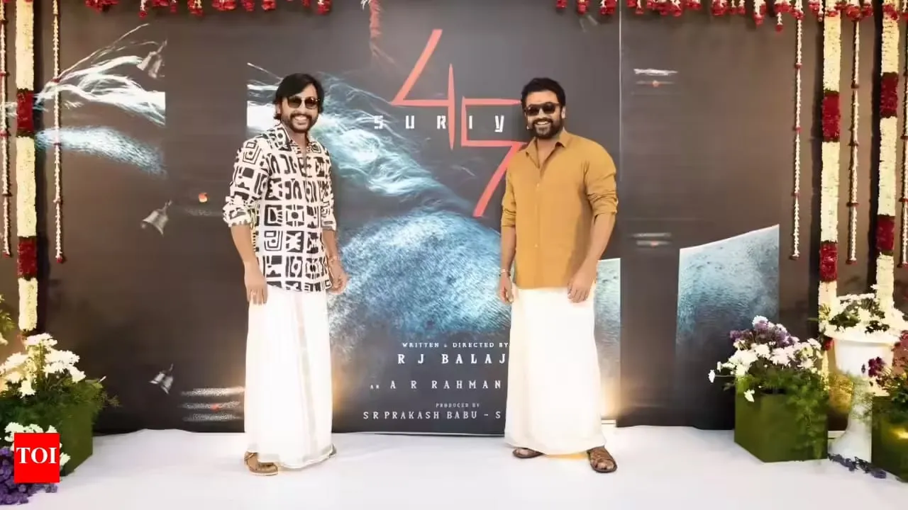 RJ Balaji and Suriya at the launch of the project that has now become Karuppu, before the film carried a title.