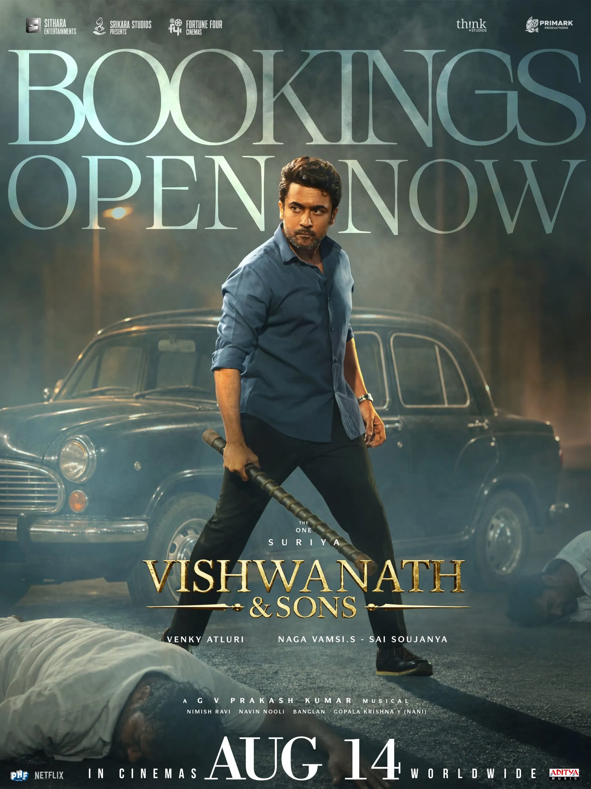 Full Vishwanath & Sons bookings-open poster with Suriya holding a lathi in a smoky street scene