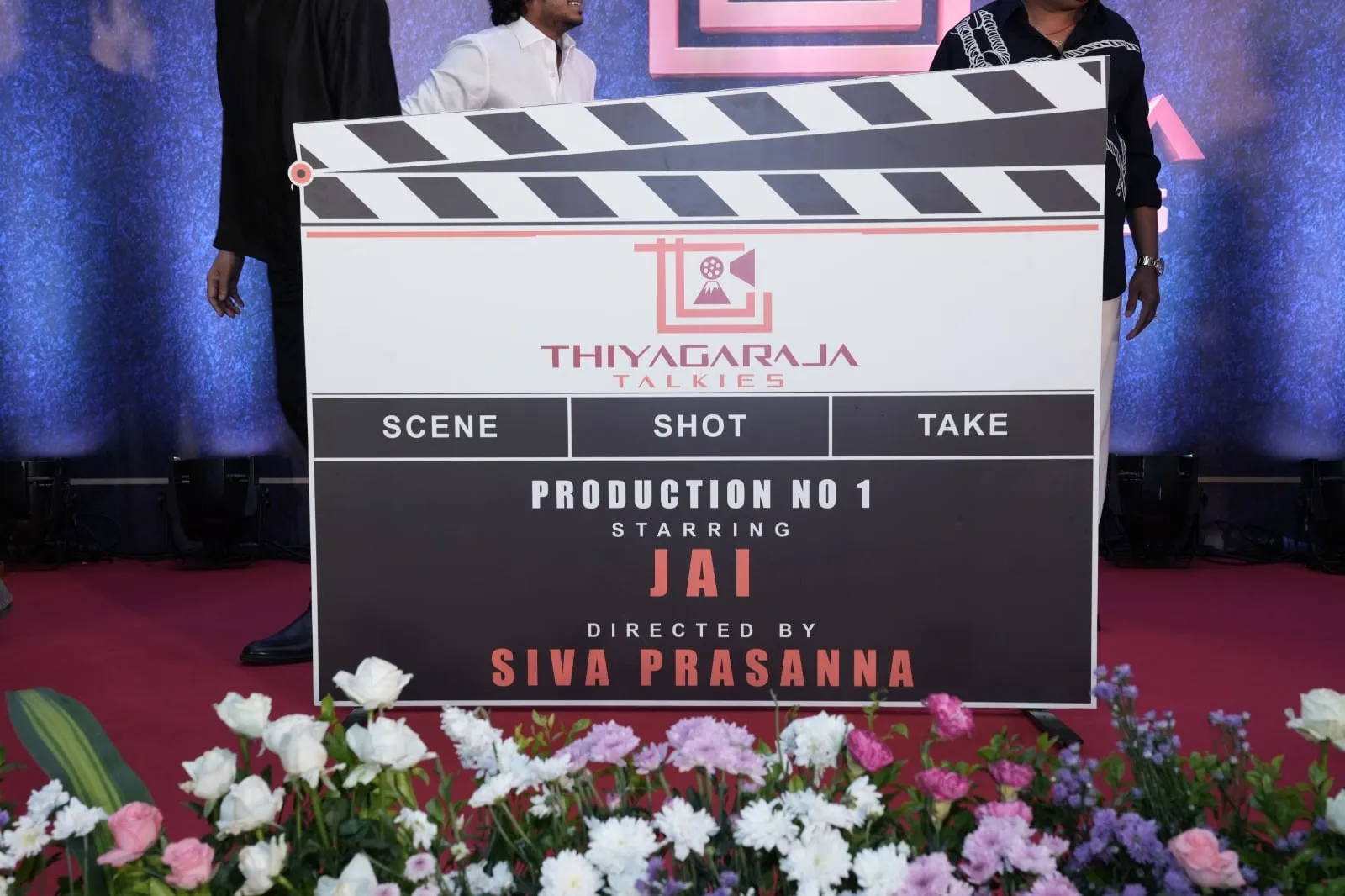 The Thiyagaraja Talkies Production No 1 clapboard announces Jai as the lead and Siva Prasanna as director
