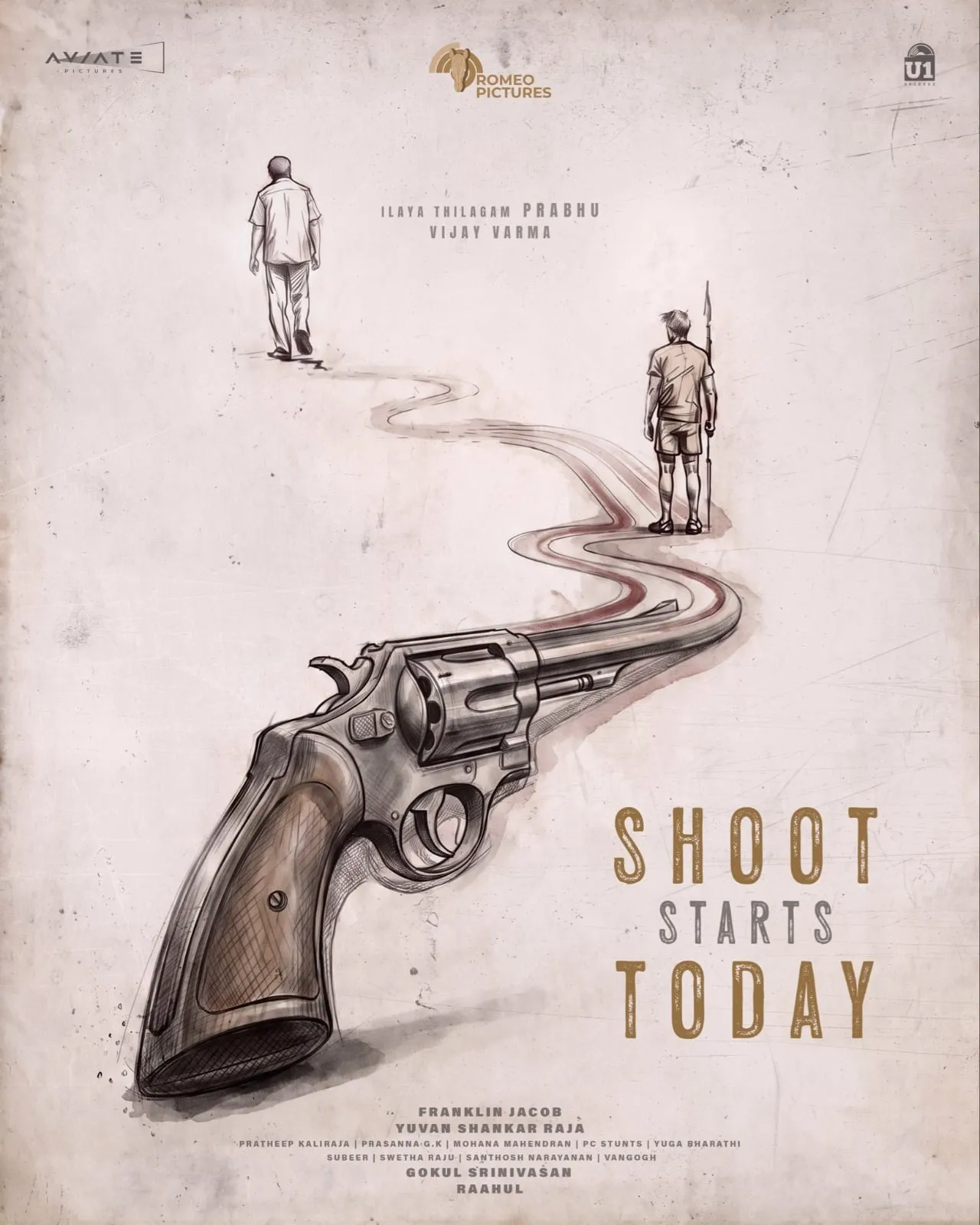 A revolver, a winding red trail, and a man waiting at the end of it with a spear: the art that announced day one. Announcement poster of the Prabhu and Vijay Varma film showing a sketched revolver and the line shoot starts today