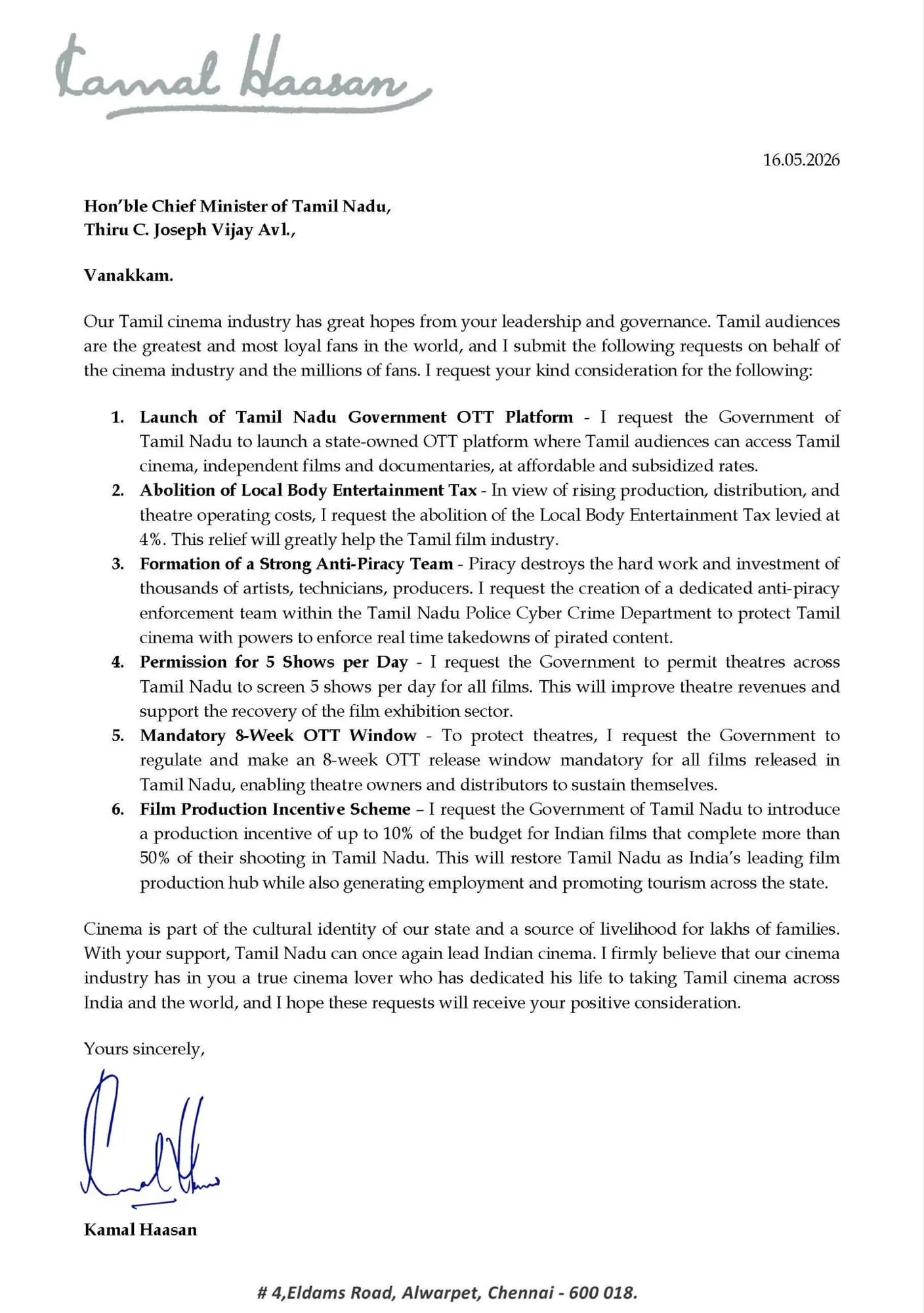 Kamal Haasan's one-page letter to chief minister Vijay on his personal letterhead, six numbered demands listed in clean serif, signed in blue at the foot of the page