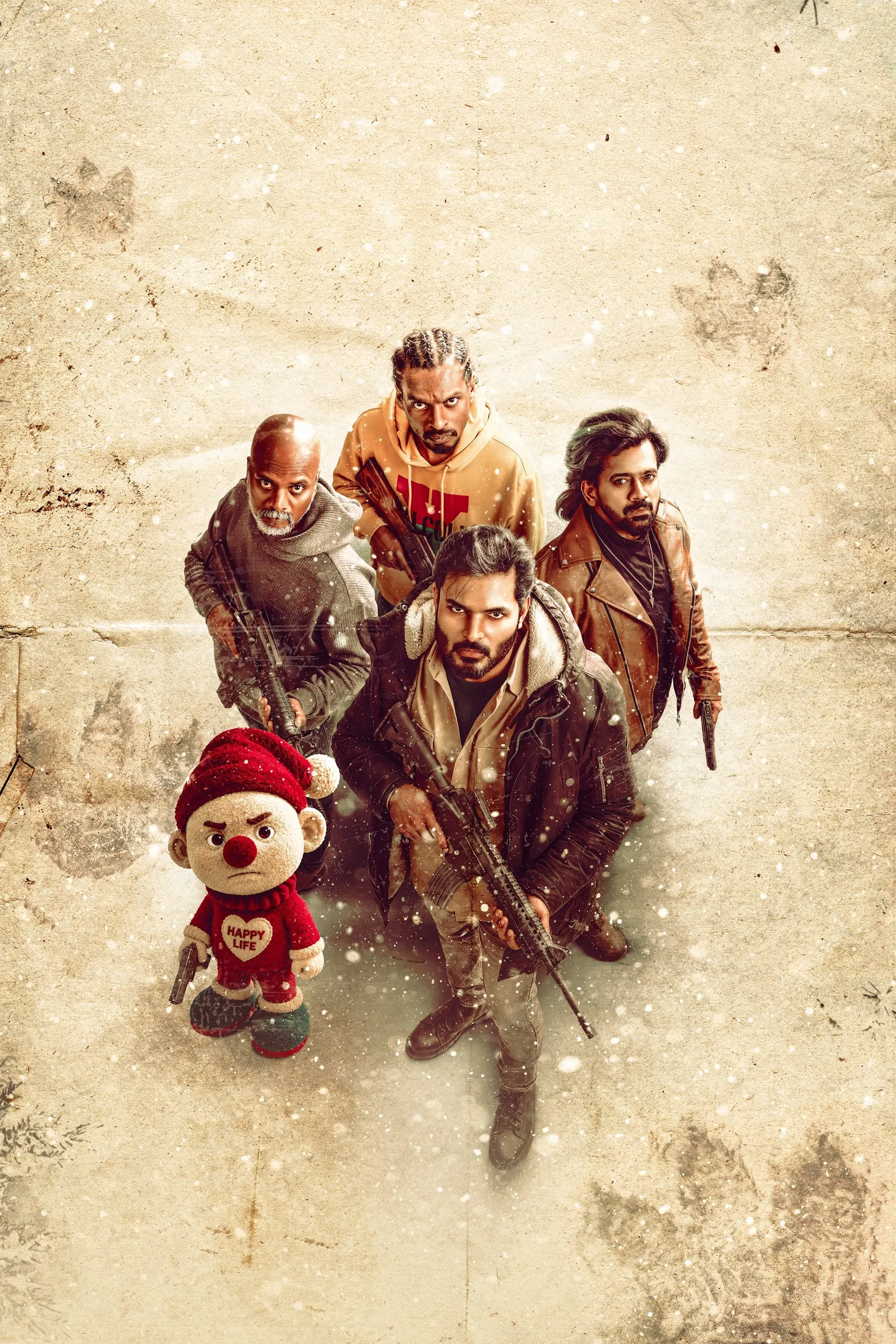 Moodar Koodam 2 first look poster with four armed men and a gun-toting teddy bear in the snow