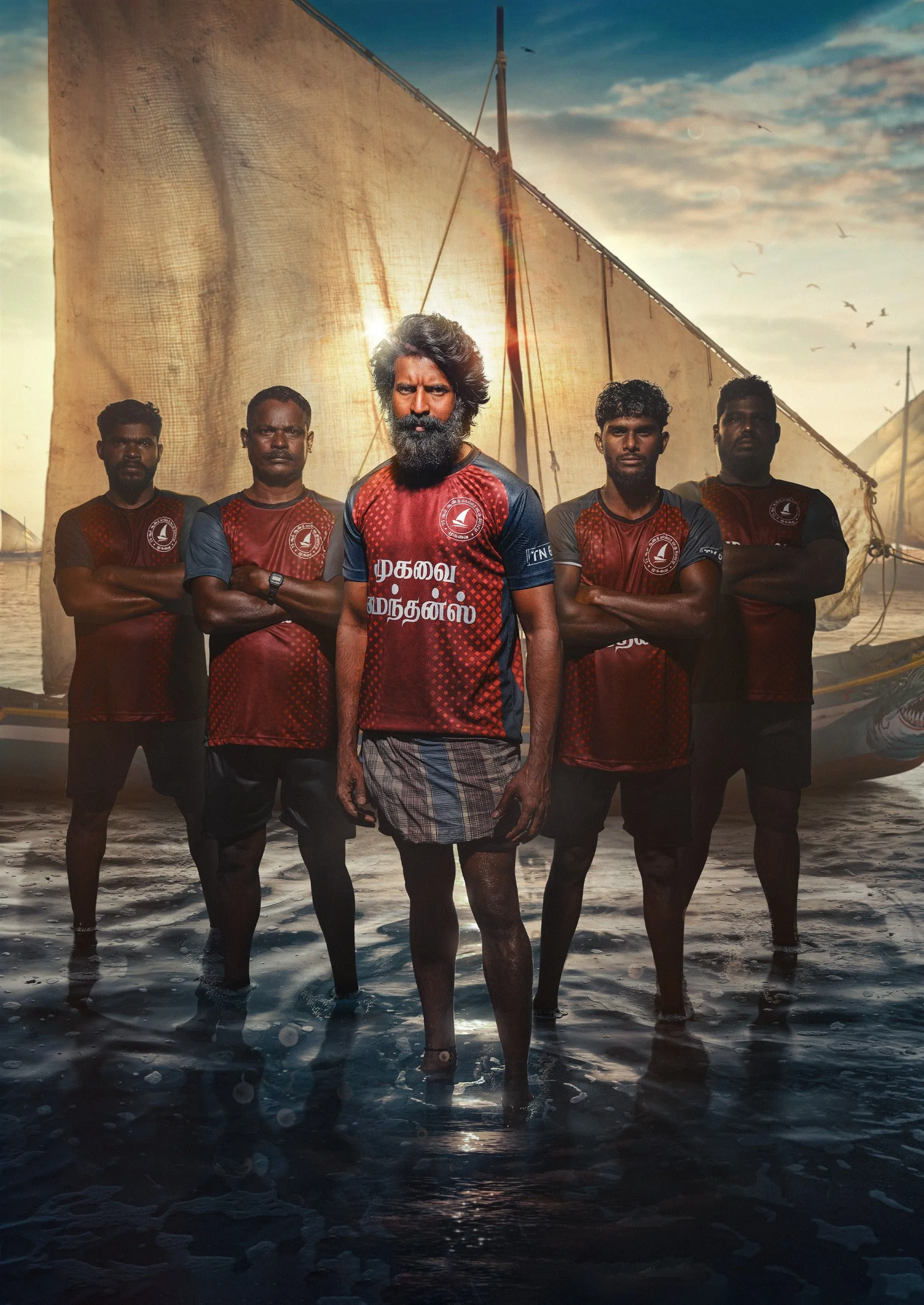 Muthukaali and his young racing crew stand before their boats in matching Mugavai Pattinam jerseys.