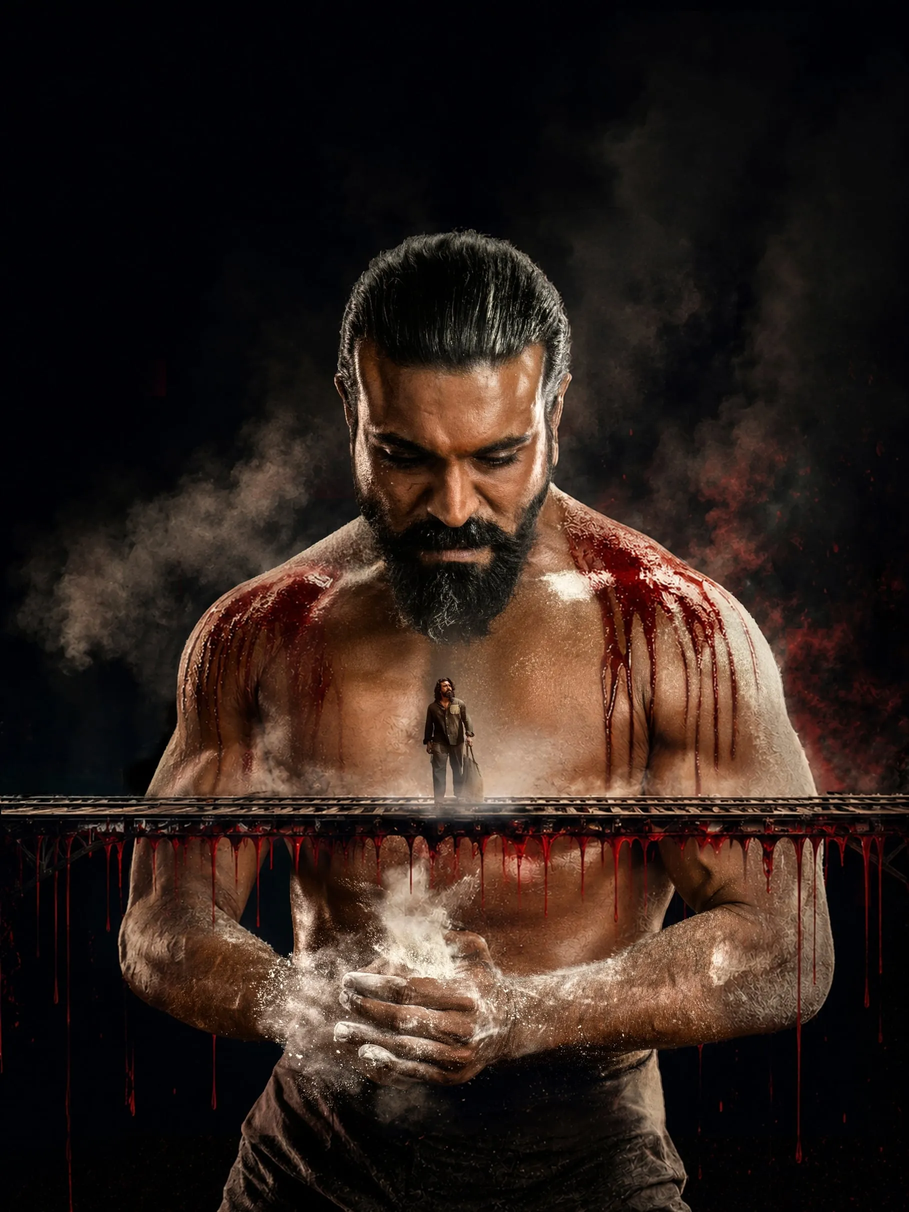A bloodied, chalk-dusted Ram Charan in a stylised Peddi poster, the village he fights for framed at his chest