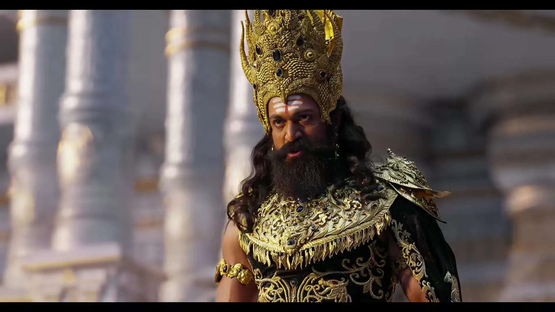 Yash as Ravana in a golden crown and armour in the Ramayana trailer