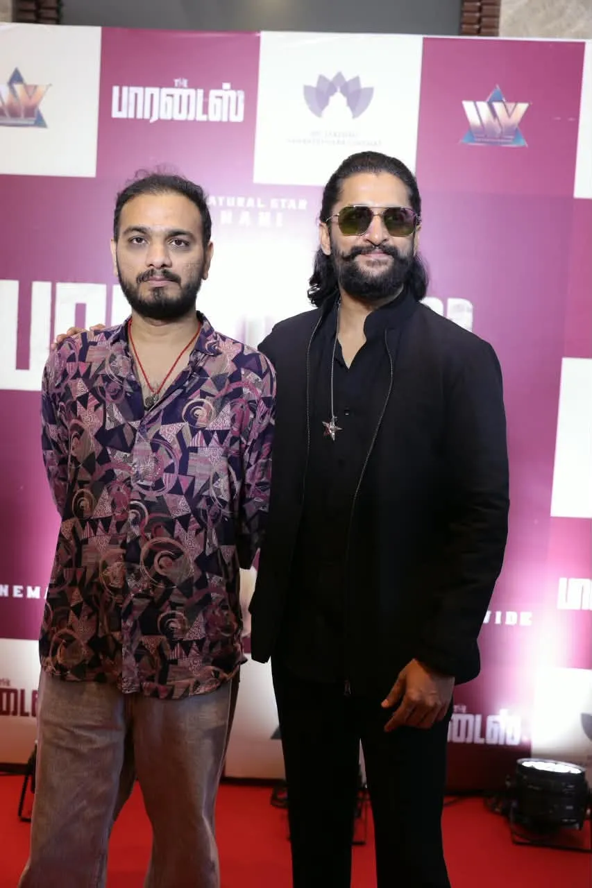 Nani poses with another member of The Paradise team at the Chennai event