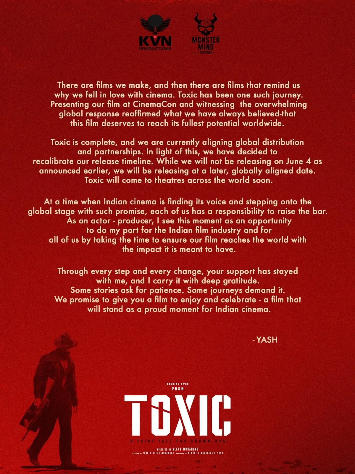 Yash's official statement on the Toxic release shift, set against a red poster with the film's logo