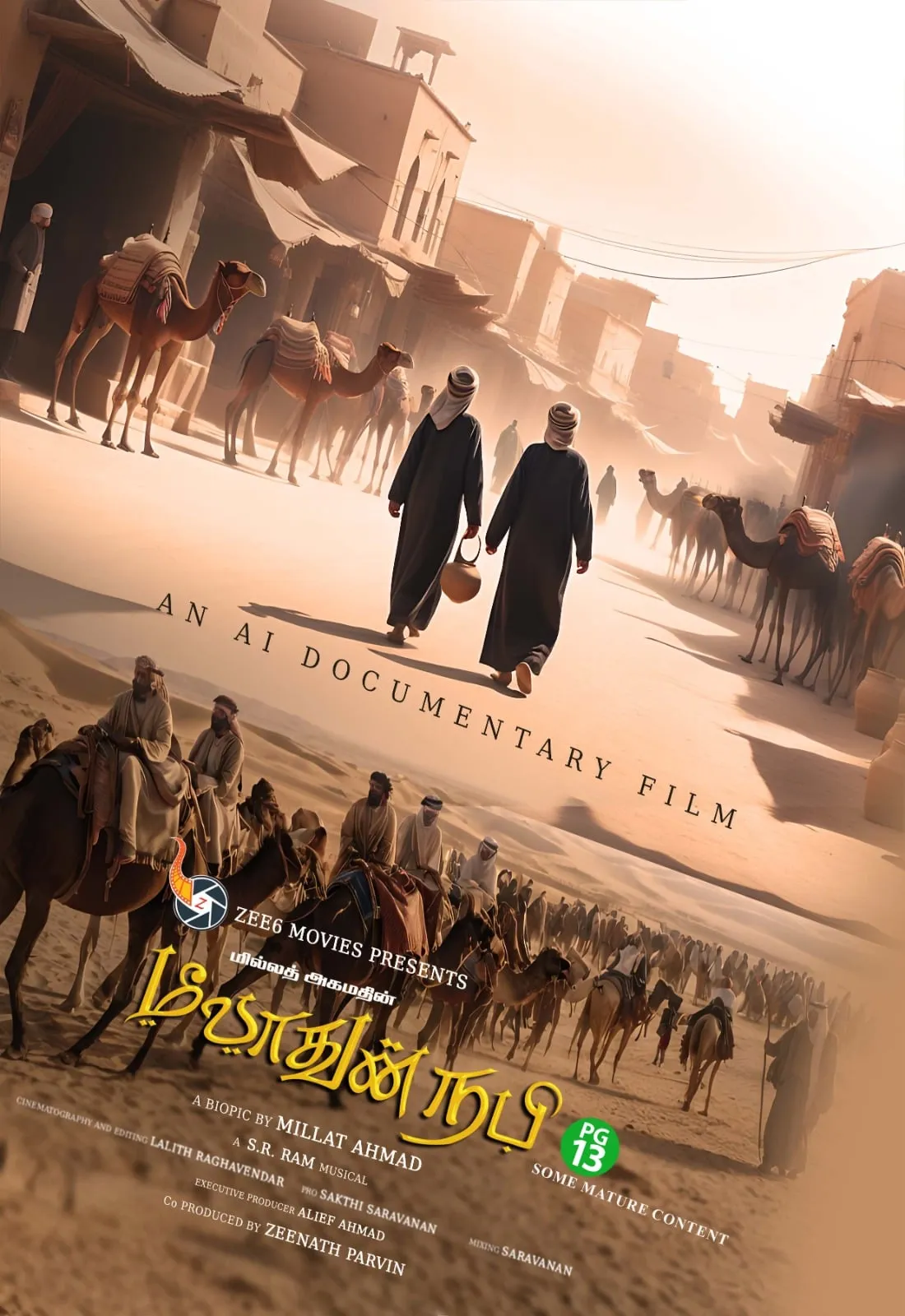 The Meeladun Nabi poster bills it plainly as an AI documentary; its desert and caravan scenes were generated rather than filmed.