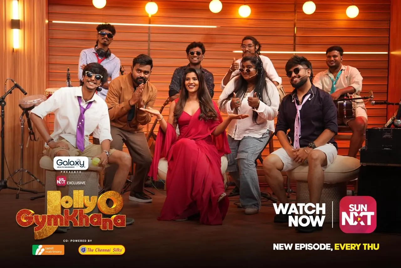 Aishwarya Rajesh with the Jolly O Gymkhana team and the show's house band Office Gana between segments.