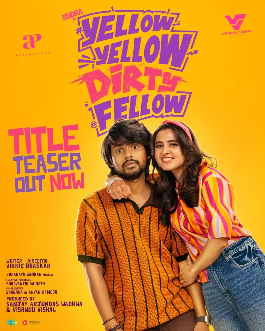 Rudhra and Preethi Asrani on the Yellow Yellow Dirty Fellow title teaser poster.