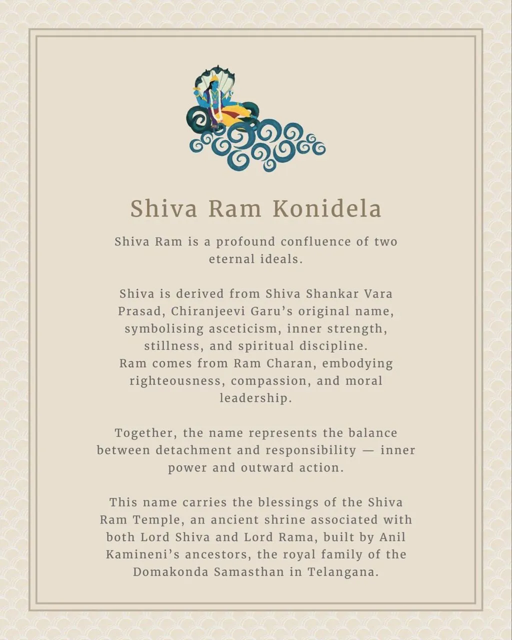 Name card explaining the meaning of Shiva Ram Konidela