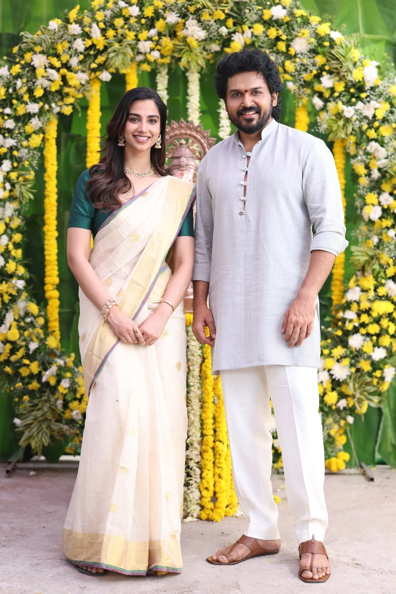 Karthi with Meenakshi Chaudhary, paired on screen for the first time, at the film's launch.
