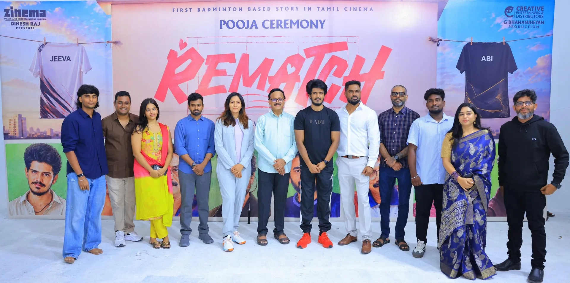 Cast and crew of Rematch at the film's pooja ceremony in Chennai