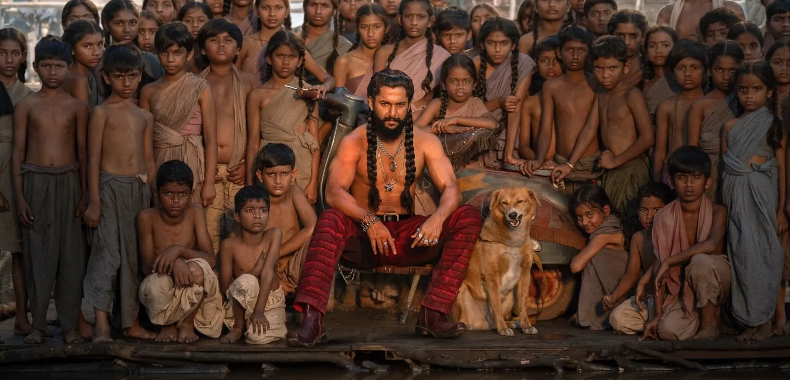 The Savaari children crowd around Jadal (Nani): the film has plenty of faces for its tribe and few individuals