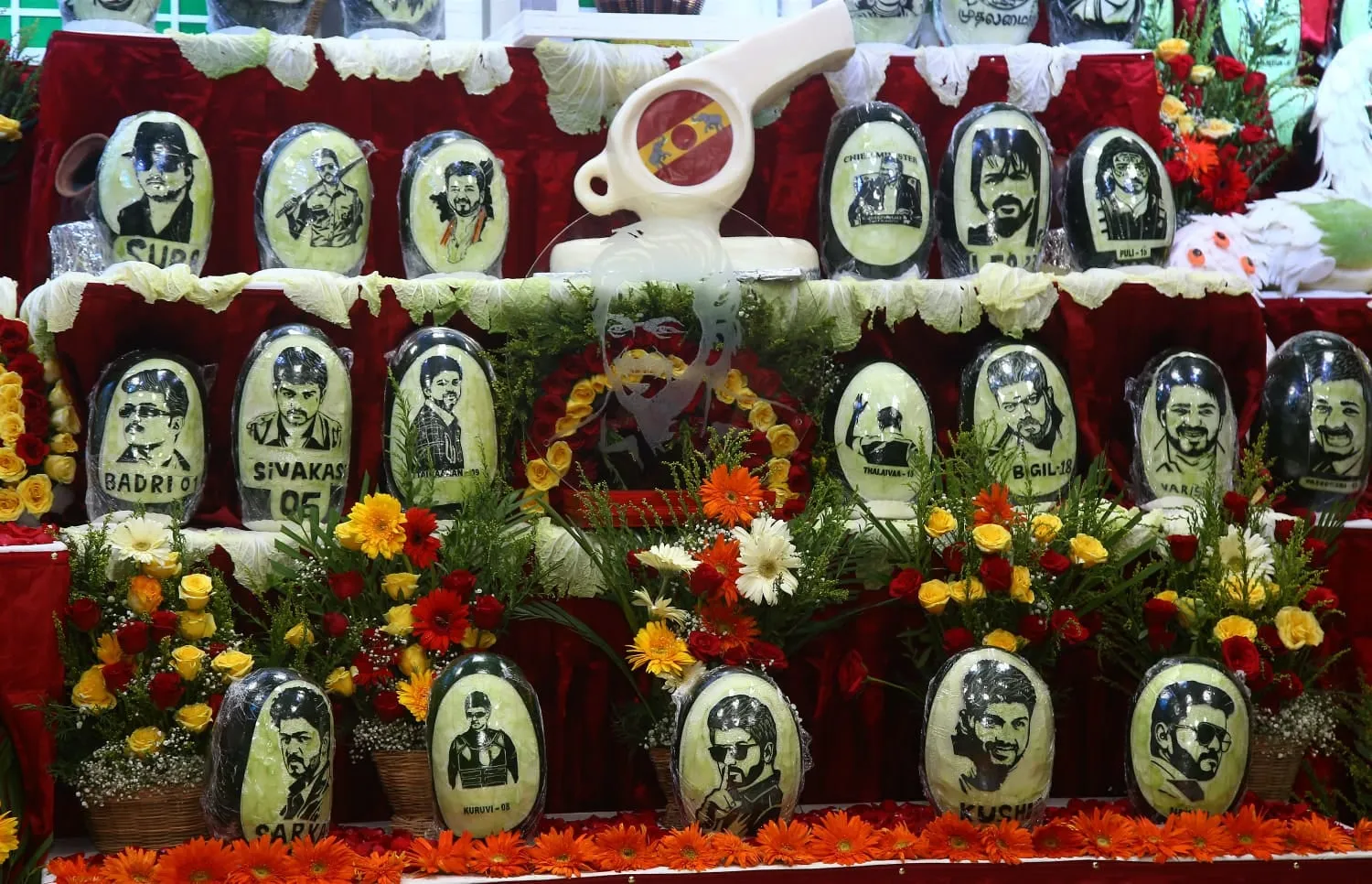 Each piece is labelled with a film, from Sura and Sivakasi to Bigil, whose whistle stands in the middle row.