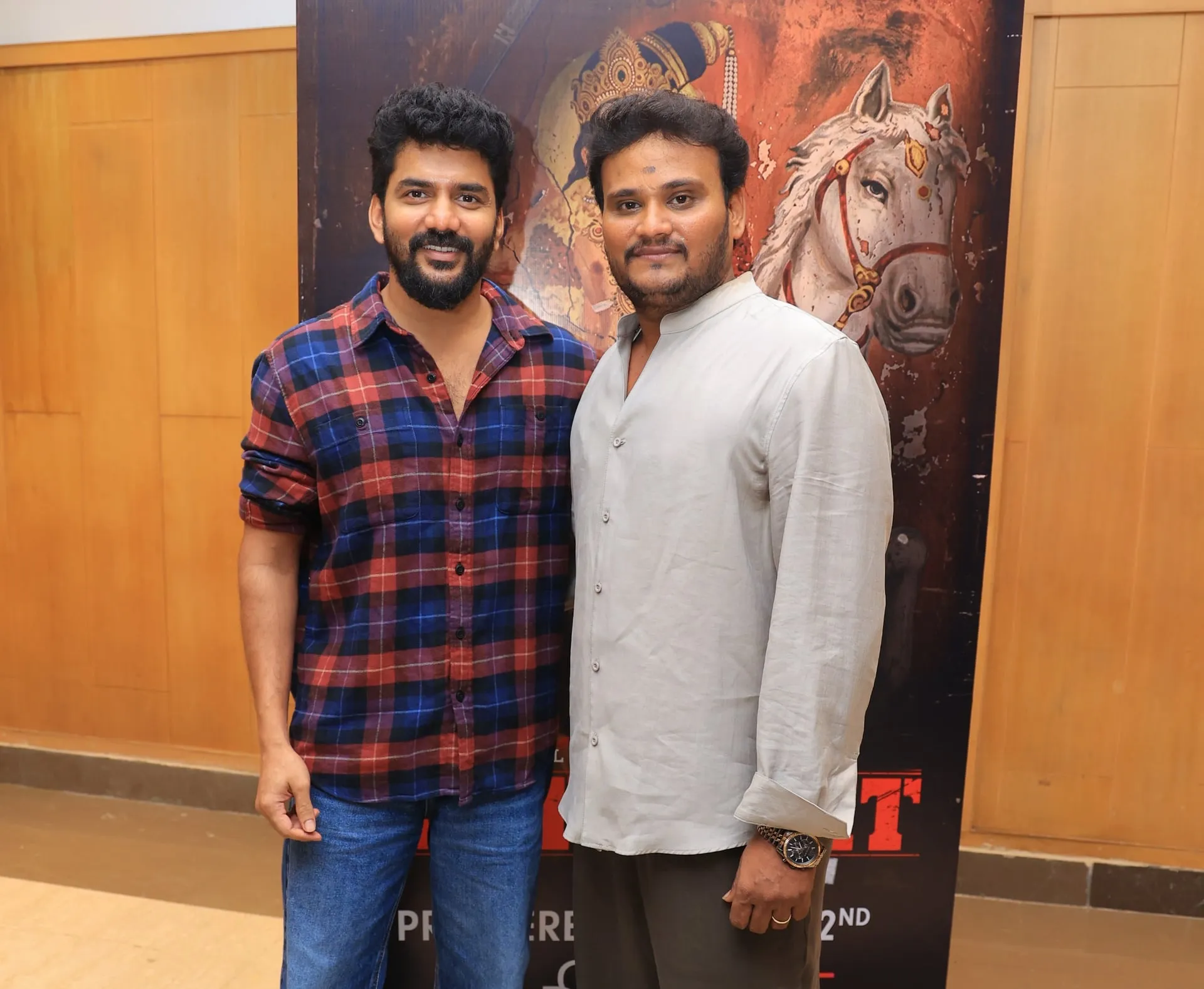 Actor Kavin with first-time lead Prasanth Pandiyaraj at the Warrant trailer launch.