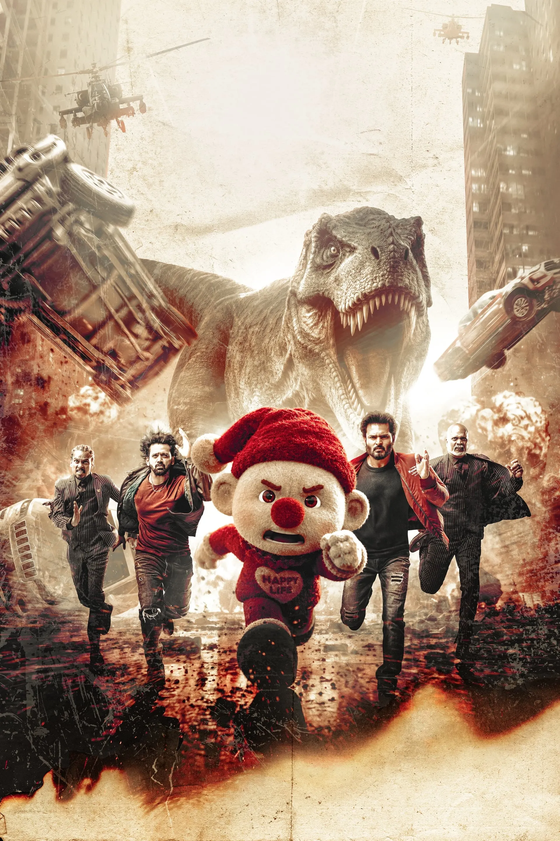 Moodar Koodam 2 poster with the teddy bear and gang fleeing a T-rex through a burning city