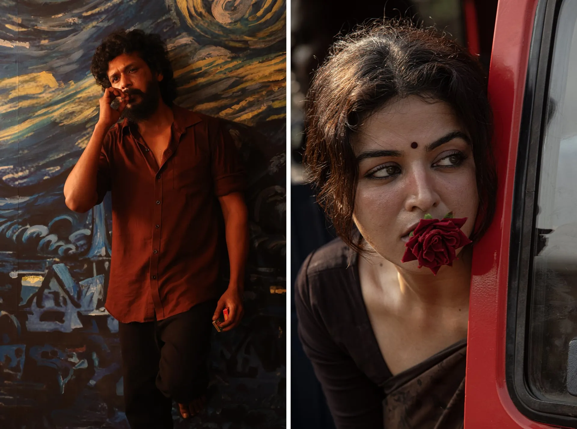 Split image: Lokesh Kanagaraj smoking against a Starry Night painted backdrop, and Wamiqa Gabbi with a red rose in her mouth leaning on the red van