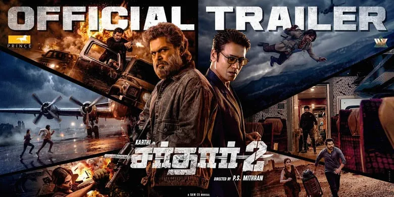 Once a spy, always a spy: the trailer art splits the frame between Chandra Bose's past and his son's present. Official trailer poster of Sardar 2 with Karthi and S.J. Suryah