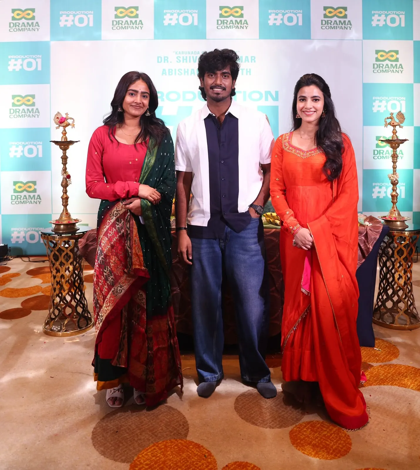 The two female leads of Drama Company's debut film with director Gowtham Sivaraman at the launch