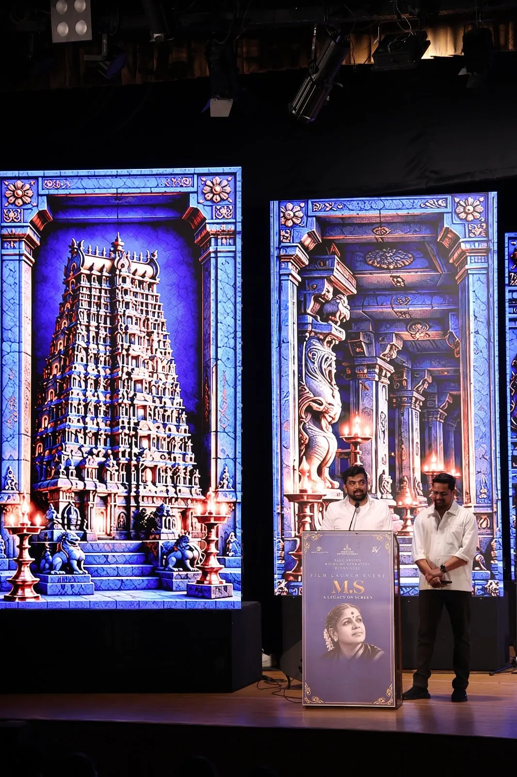 The launch stage displays M.S. Subbulakshmi's portrait and temple artwork