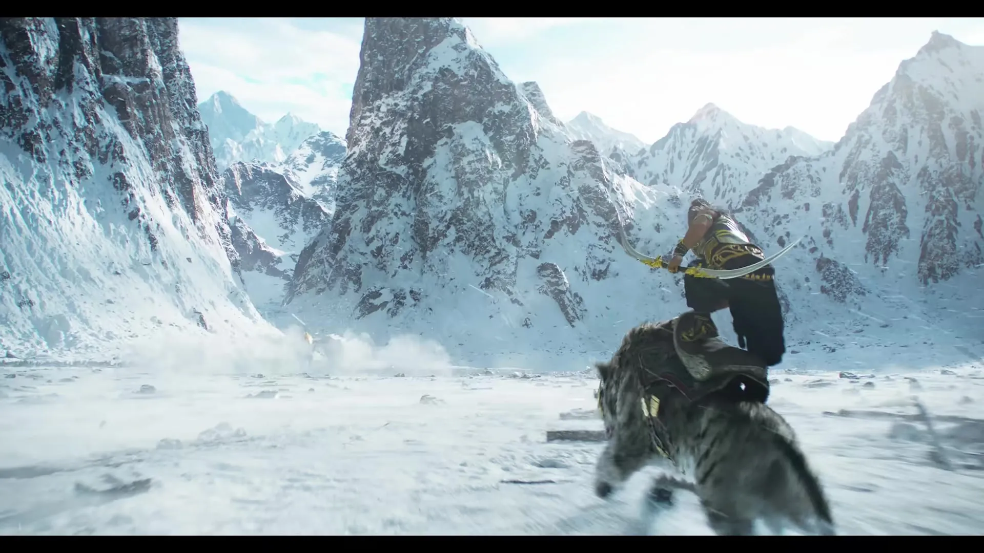 A warrior rides a beast across a snowfield between towering ice mountains