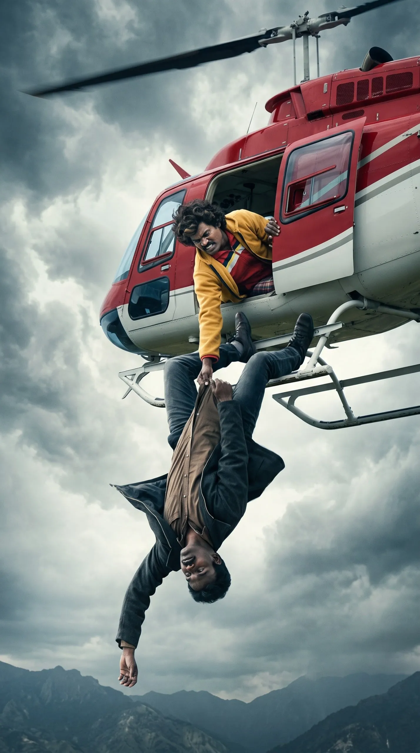 One Rajkumar character dangling another upside down from a helicopter skid against storm clouds
